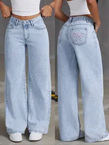 Light Blue Embroidered Denim Jeans, Loose Fit High Waist Wide Leg Jeans, Casual Fashion for All Seasons, Women's Stylish Clothing