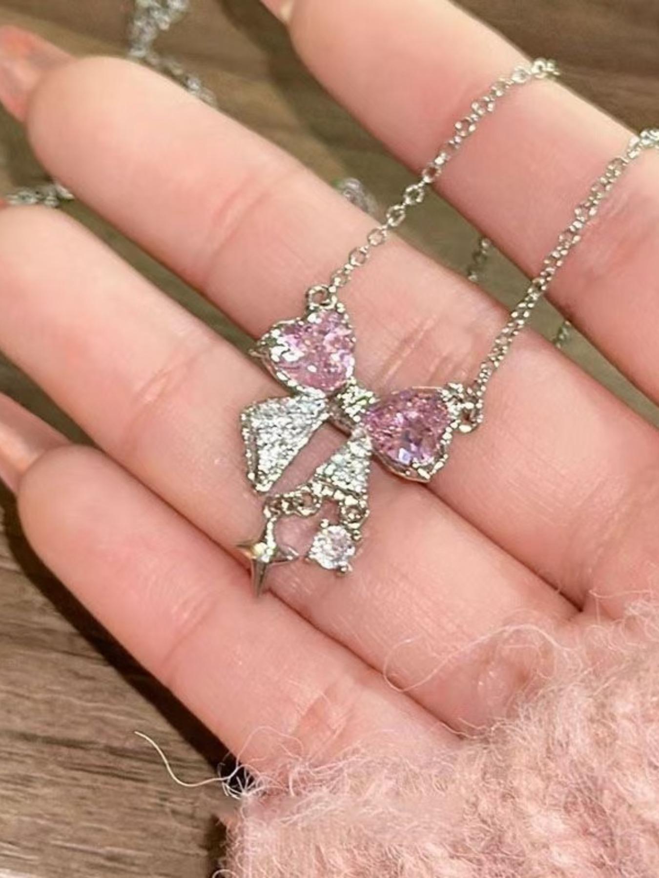 Women's Elegant Bow Design Pendant Necklace, Sparkling Rhinestones Chains, Daily Clothing Decor, Trendy All-match & Exquisite Jewelry for Birthday Gift, Daily Wear Necklace, Bling Necklace, Dainty Necklace
