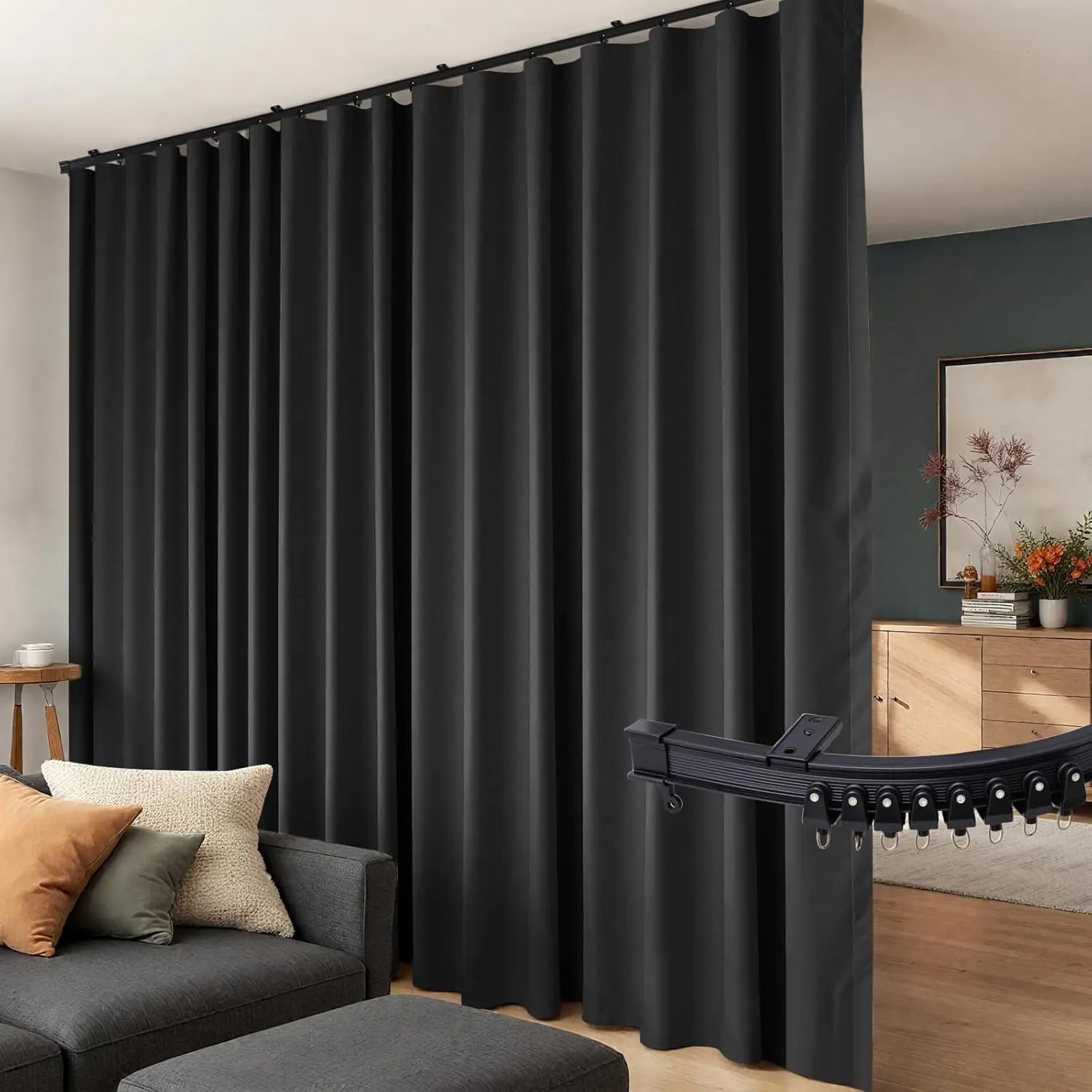 Room Divider Curtains Flexible Ceiling Tracks Set Curtain Track Ceiling Mount Blackout Curtain for Living Room Bedroom Ceiling Curtain Rod Privacy Dividers Panels W100 x H108 Black Drape & Black Rail