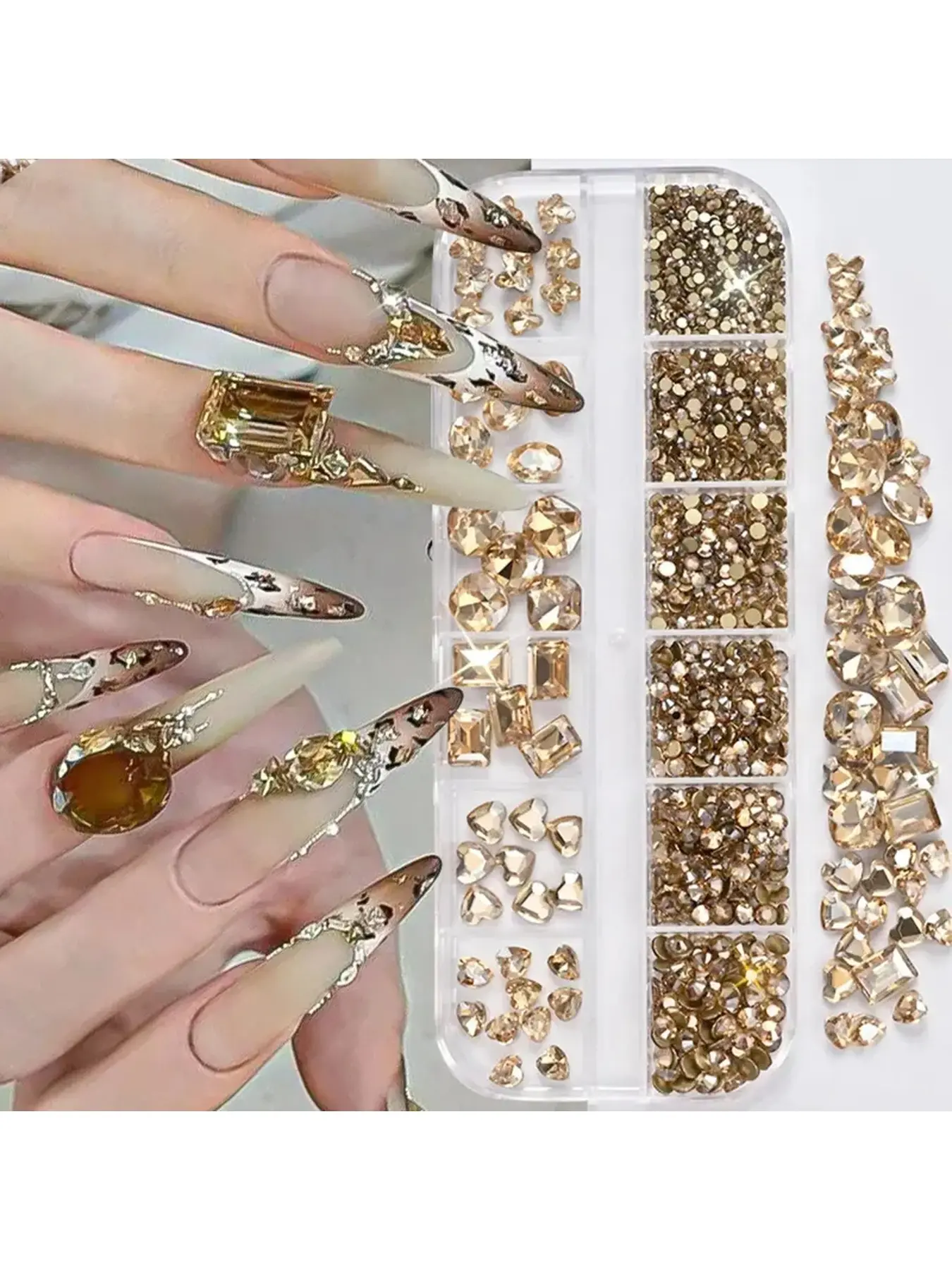 12Grid/box Champagne Gold Glass Big Heart Nail Diamond Unique Shaped Nail Rhinestone Shiny Square Butterfly Nail Crystal Decoration