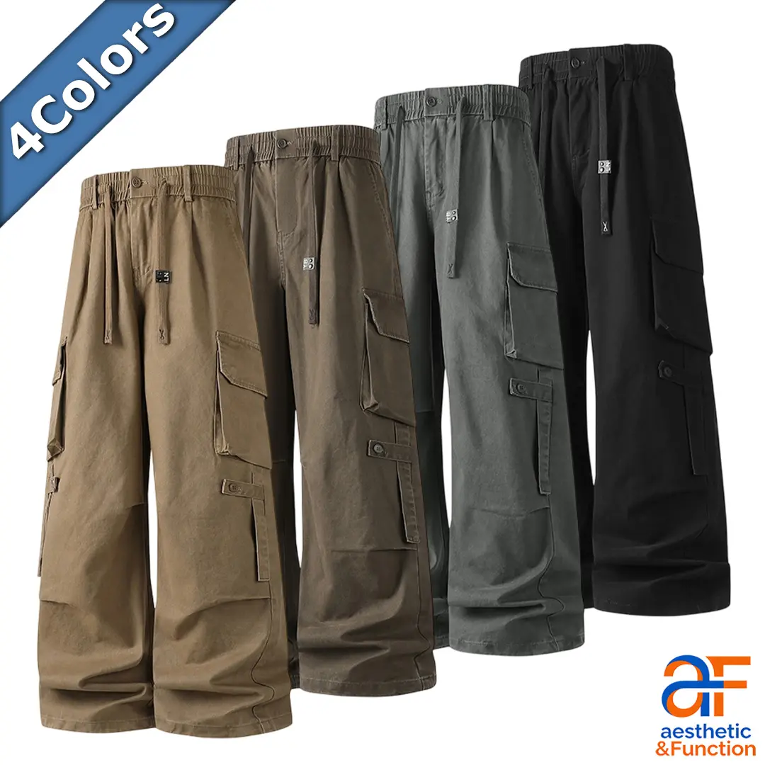 Men's Cargo Pants Wide Leg Multi Pocket Trousers Loose Straight Utility Tactical Combat Sweatpants Joggers Streetwear Hip Hop Casual Workwear Drawstring Elastic Waist Cloth Fabric Khaki Brown Black Male Fashion Clothing Apparel cozy clean premium 4-Colors