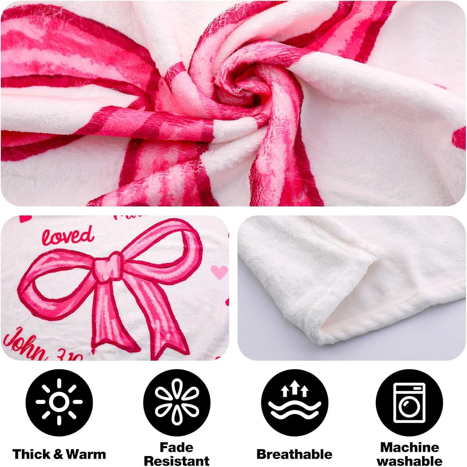 Pink Bow Christian Throw Blanket – "God Says I Am" Bible Verse Flannel Blanket – Coquette Style Inspirational Gift for Women, Girls, Daughter – Jesus Faith Prayer Blanket for Home, Sofa, Bedroom – Religious Decor for Christian Girls