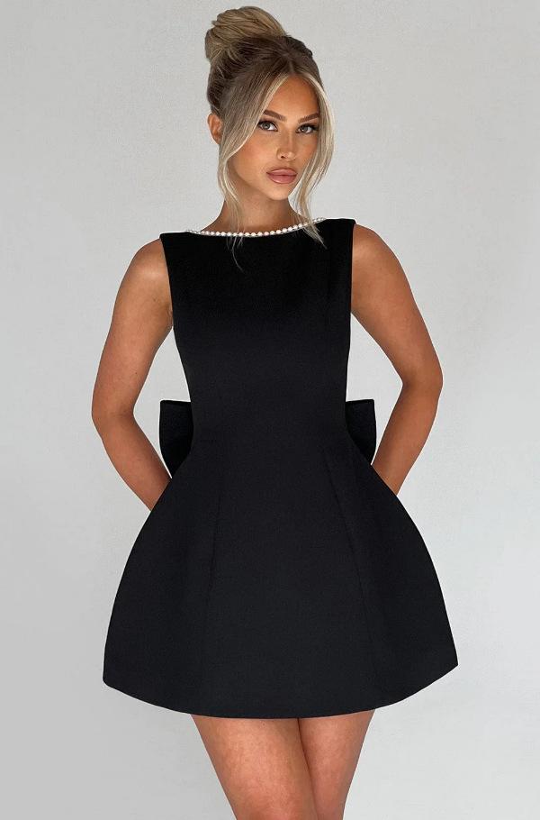 Summer Women's Pearl Bow Fashion Slim Short Skirt Back Spice Girl A-Word Dress