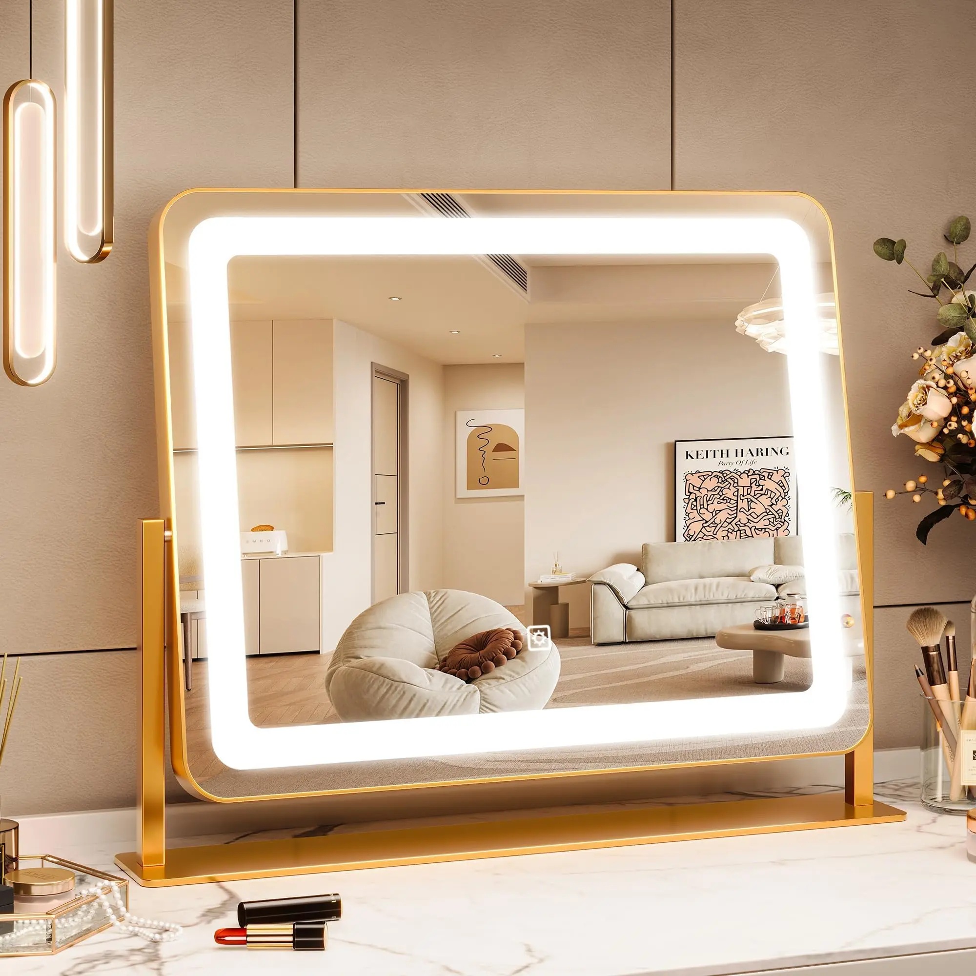 GARVEE LED Vanity Mirror with Lights, 19.6 x 15.7 in, Large Lighted Makeup Mirror with 3-Color Dimmable Touch Screen, 360° Rotation, Gold Desk Mirror for Bedroom and Dressing Table