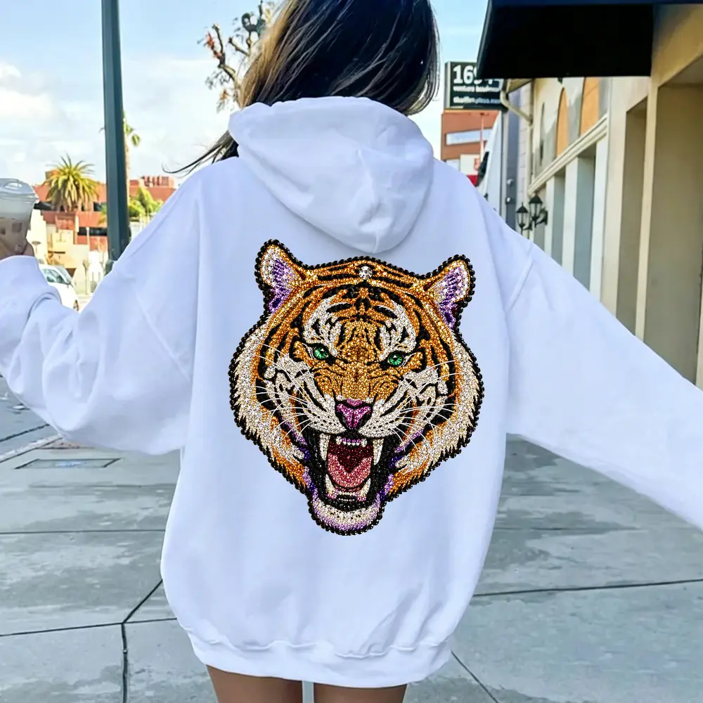Sparkly Rhinestone Tiger Back Graphic Hoodie | Trendy Aesthetic Oversized Sweatshirt for Men Women, Y2K Baddie Streetwear Pullover Casual Comfy Hooded Top