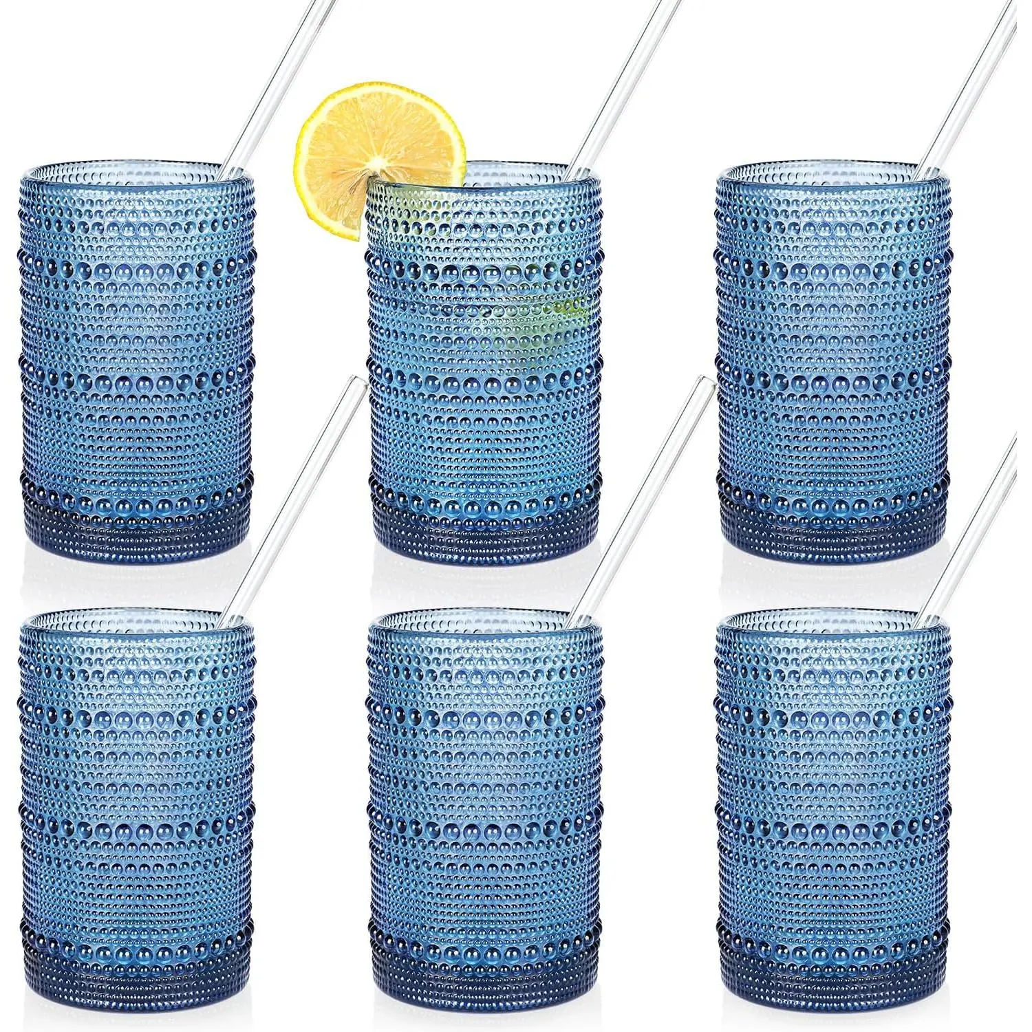Large Hobnail Drinking Glasses Set of 6, 15oz Blue Vintage Glassware, Embossed Glass Cups, Water Tumbler, Highball Glasses For Beer, Juice And Various Mixed Drinks
