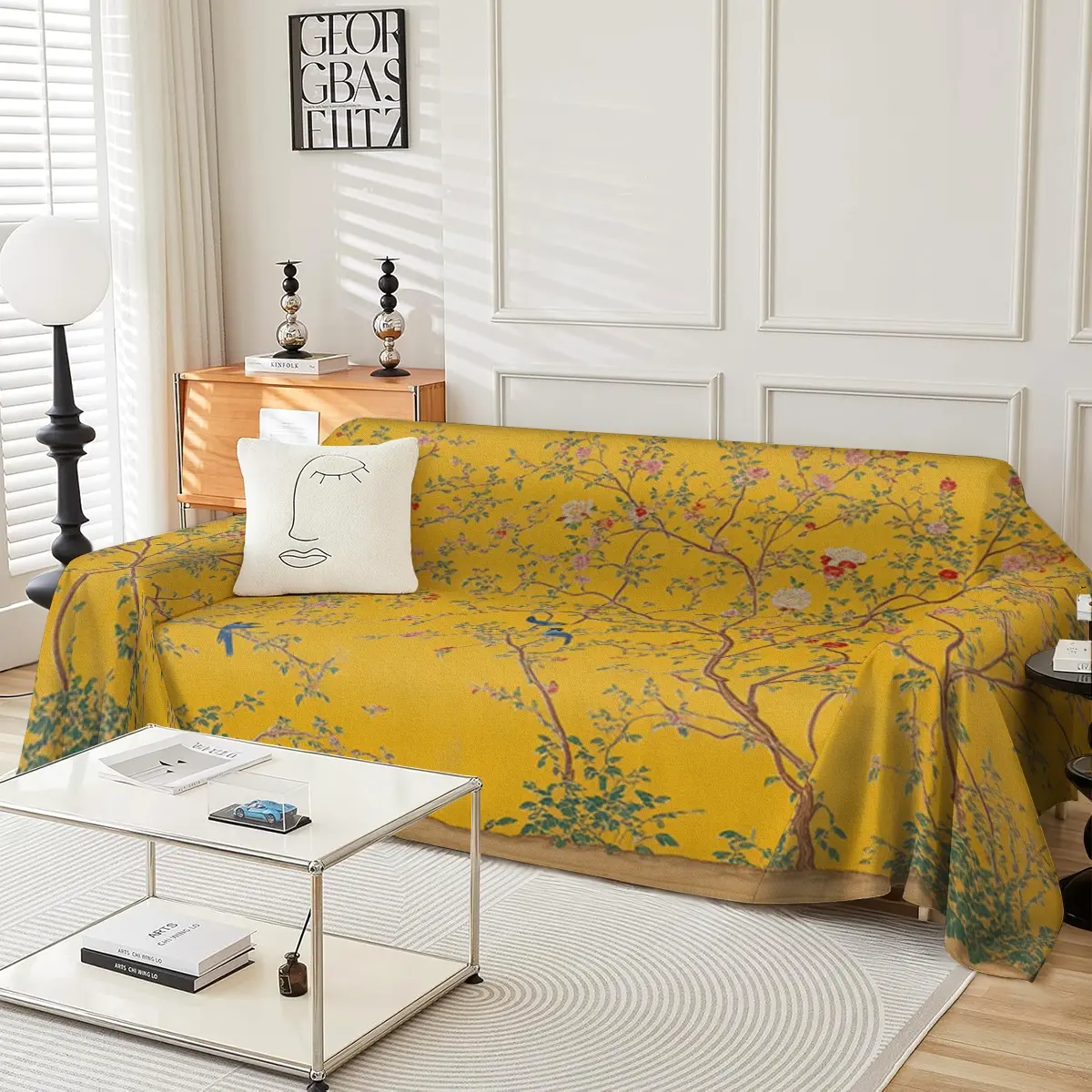 Yellow background floral kingfisher sofa cover machine washable sofa towel suitable for all seasons, suitable for single to four seater, bedroom sofa decoration