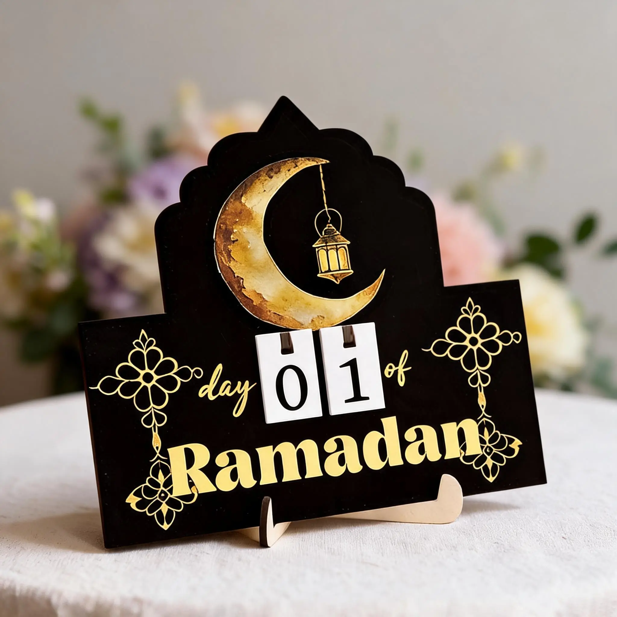 Ramadan Mubarak, 1 Pc Black Gold Countdown Calendar With Stand And 12 Number Cards, Golden Moon Double Layer Wooden Ornament, Suitable For Ramadan Party Decoration, Home Desktop Office Room Decoration, Ramadan Decoration, Ramadan Festival Gift