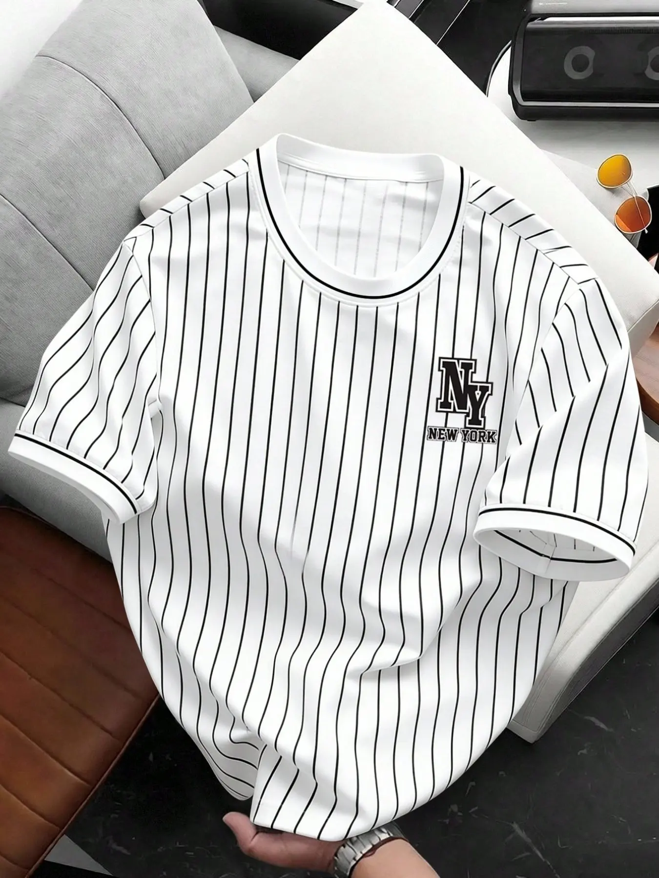 Plus Size Retro Classic Striped Round Neck T-Shirt Top, New York Letter Embroidery, Extra Large Men's Casual Cotton Baseball Short Sleeve Shirt, Casual Summer Tee