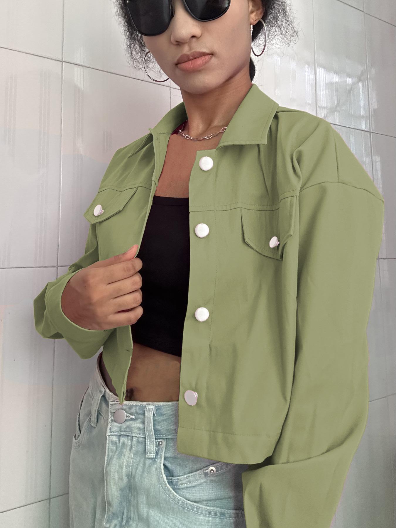 Women's Solid Button Front Drop Shoulder Crop Jacket, Casual Long Sleeve Collared Coat for Fall & Winter, Ladies Clothes for Daily Wear,Jackie's ExclusivePick, LimitedAvailability on Live