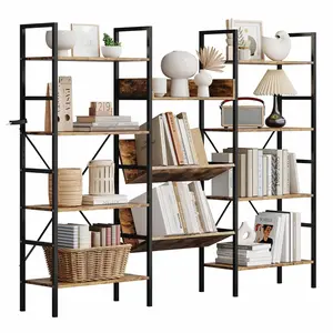 Garvee 4-Tier Triple Wide Industrial Bookshelf with 11 Adjustable Shelves - Rustic Wood and Metal Storage Shelf Ideal for Living Room, Bedroom, or Home Office Organization