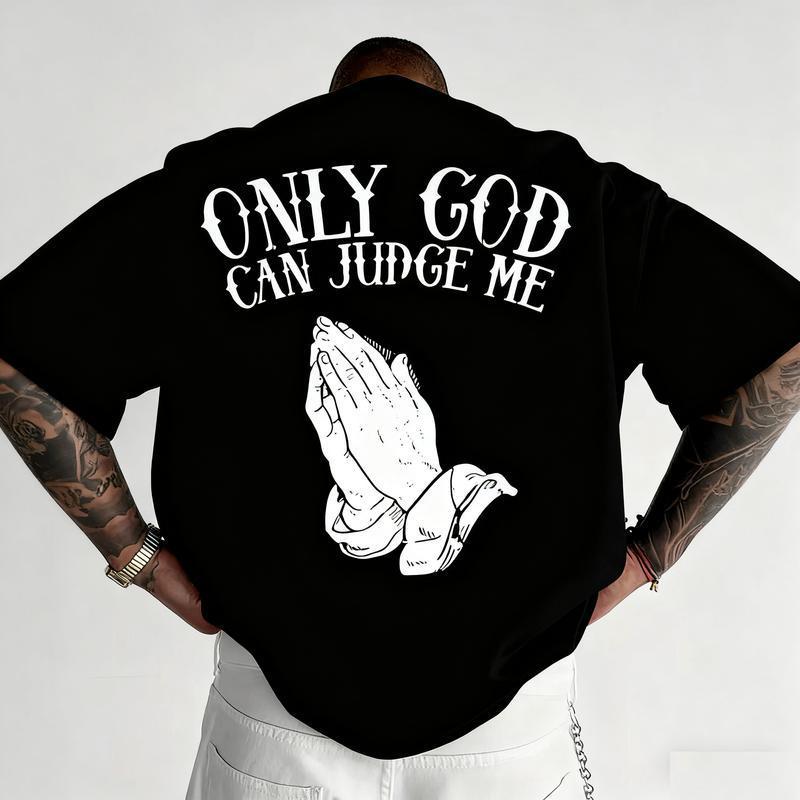 Men'S "Only God Can Judge Me" Graphic T-Shirt - Casual Crew Neck,Loose Fit, Short Sleeve Top, Polyester, Beige with Praying Hands Design,Cotton Fabric classic  rock  tee moon  rocks macco