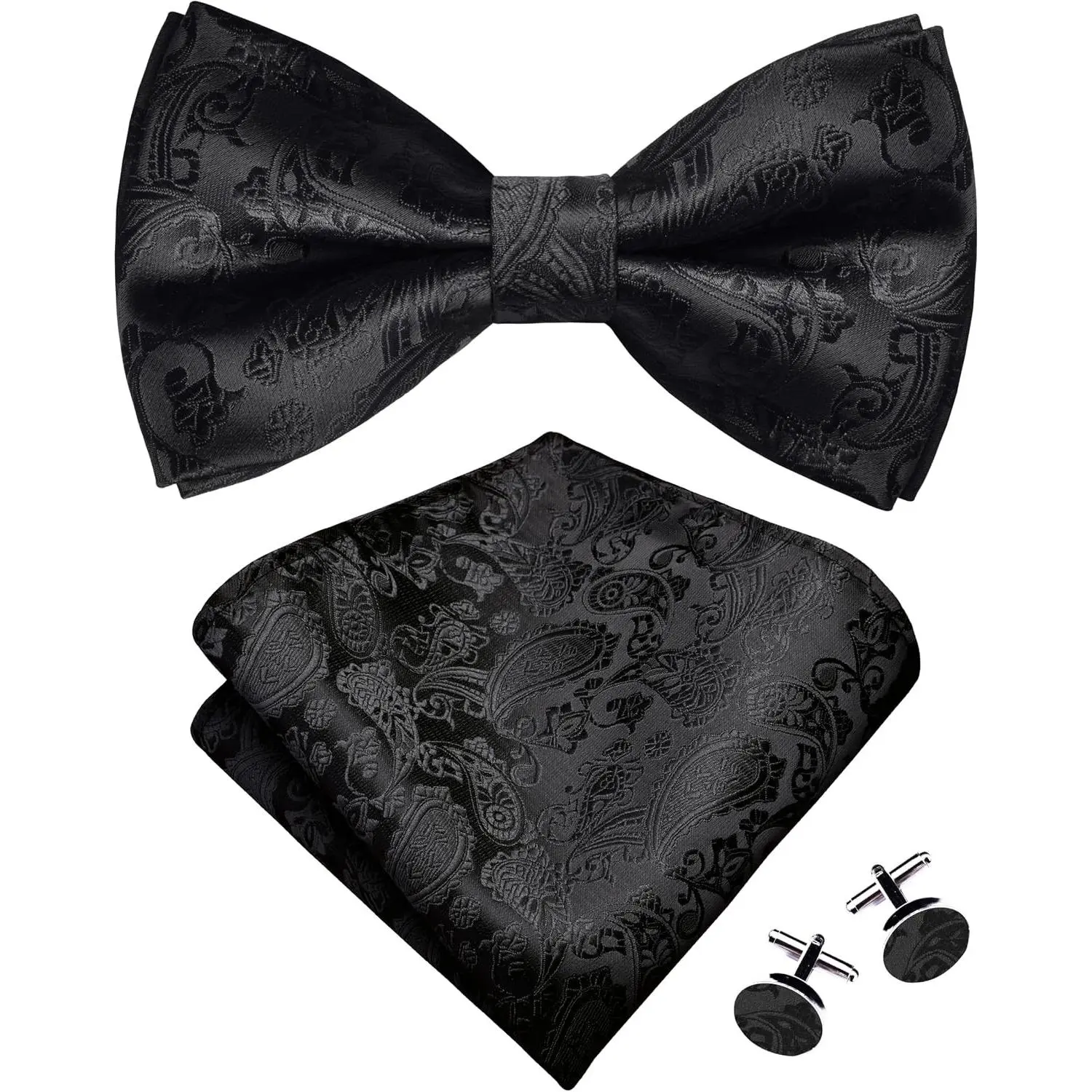 Men's Paisley Jacquard Woven Adjustable Pre-Tied Bow Tie Set with Pocket Square Handkerchief and Cufflinks(Gift)