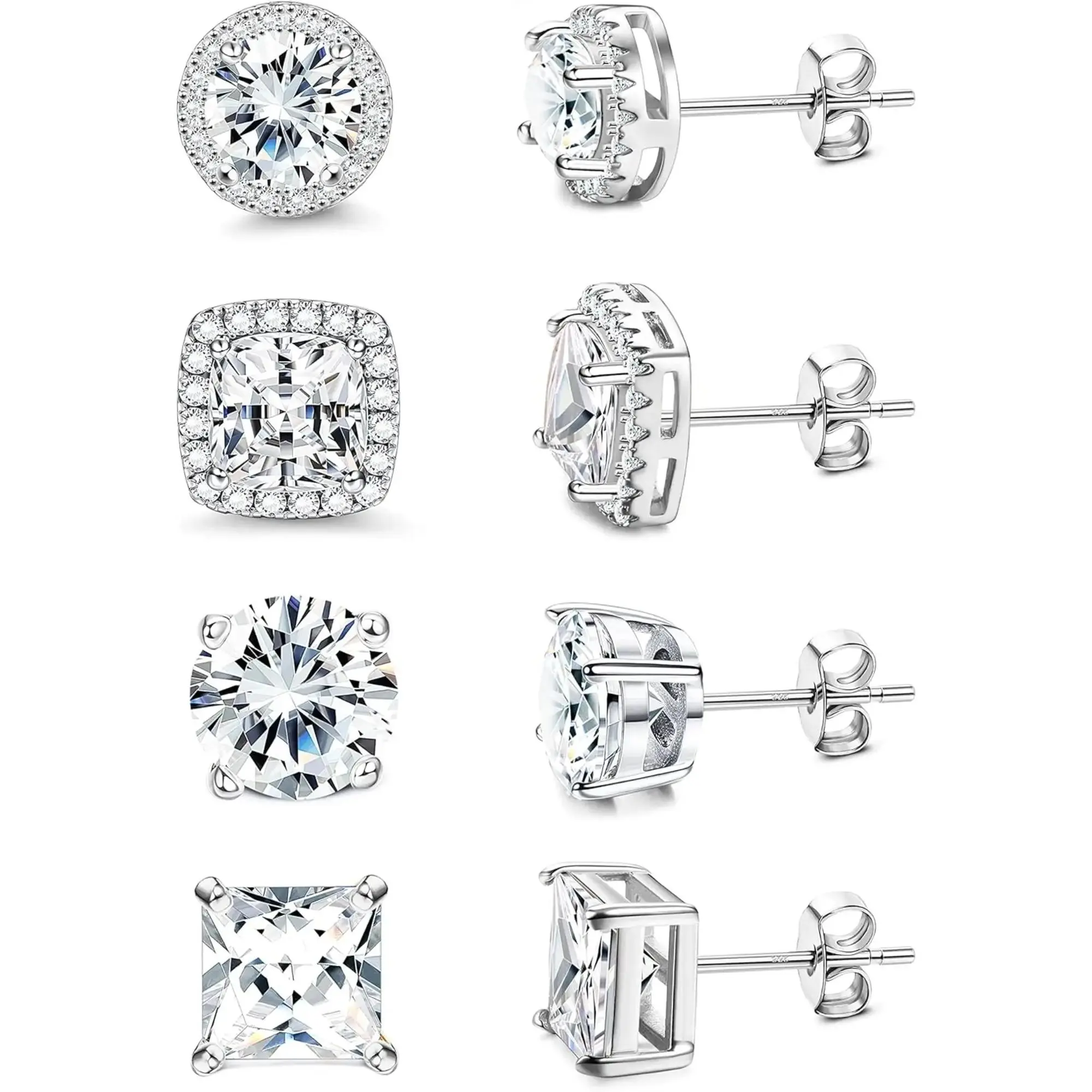 4 Pairs Cubic Zirconia Stud Earrings Set for Women Men 18K Gold Plated Sterling Silver Post Earrings Big Brilliant Simulated Diamond CZ Halo Stud Earrings for Sensitive Ears Hypoallergenic Ear Studs Stud Earring Pack Stud Earring Jewelry