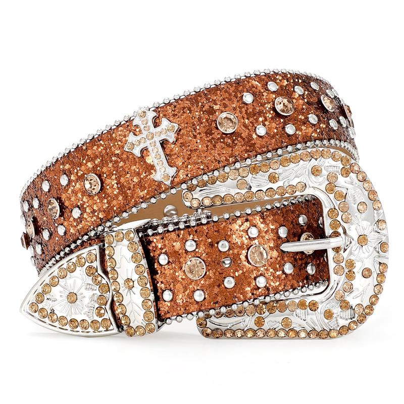 XZQTIVE Rhinestone Belt for Women & Men - A Fusion of Fashion & Western Charm, Cowgirl Cowboy Bling Style, Cross-Design Leather Belt with Diamond Studs, Perfect for Jeans & Dresses