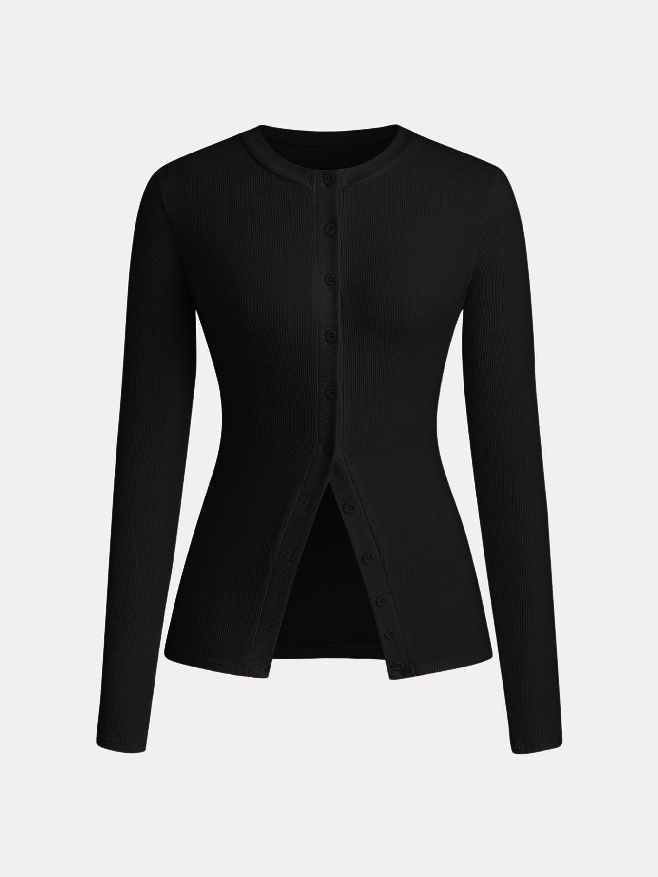 Women's Casual Round Neck Long Sleeve Button Front Top, Basic Solid Color Design, Extended Length, Perfect for Daily Wear, Womenswear