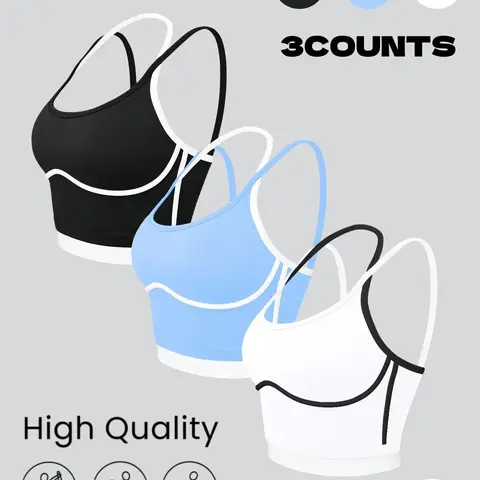 3-Piece Shockproof Mid-Support Women's Sports Bra Pack, Side Gathered Colorblock Seamless Yoga Vest for Running Workout Fitness