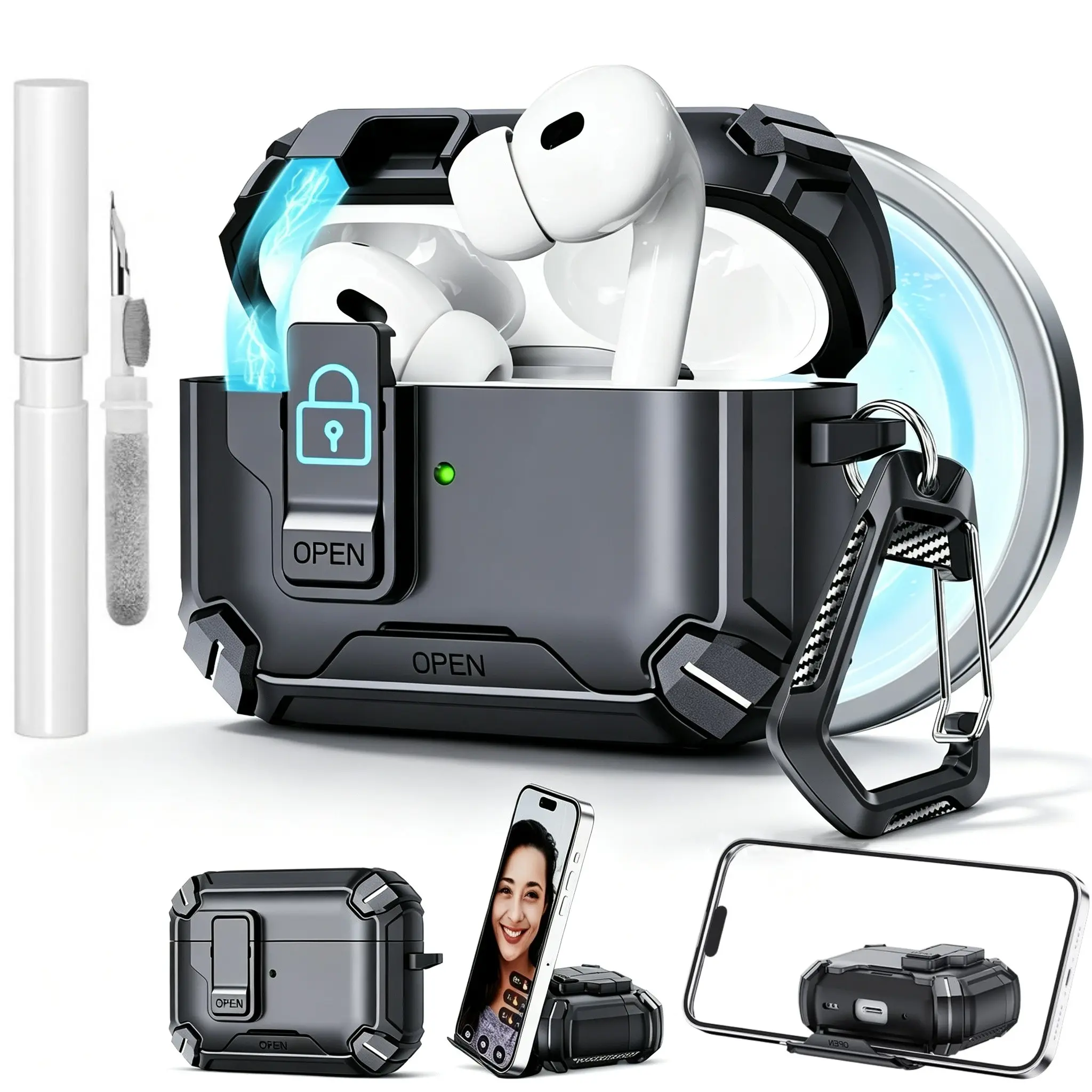 AirPods Pro 3 Case with Stand, Locking Anti-Loss Anti-Drop, Tpu Material, Phone Holder Design, AirPods Pro 3 Accessories