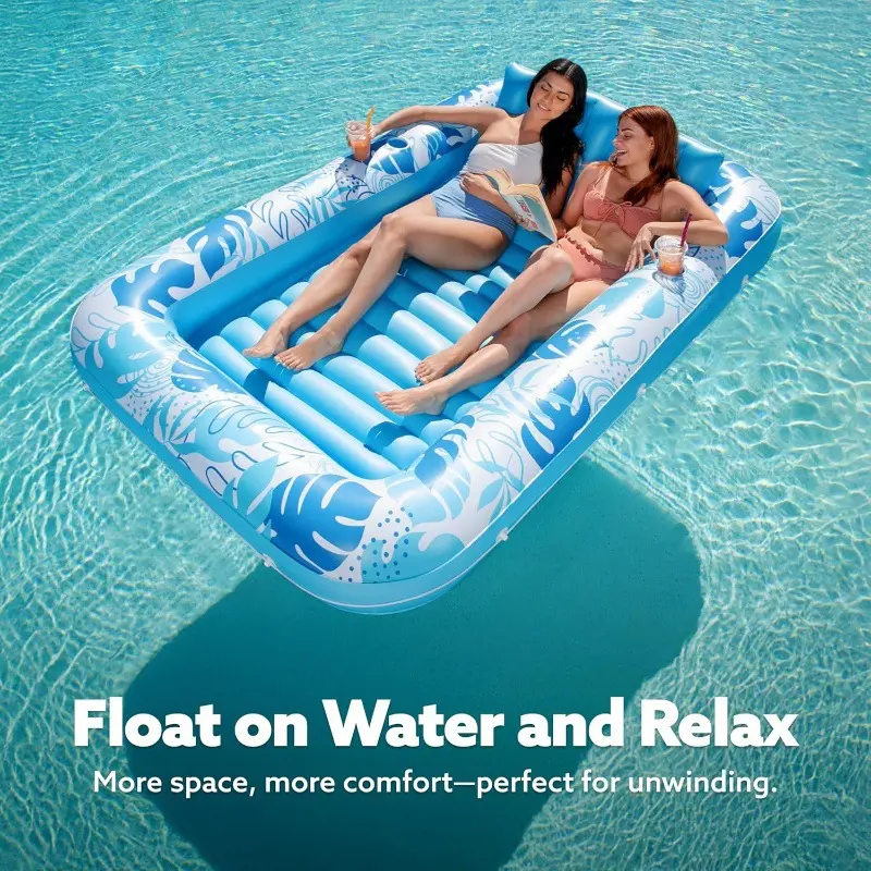 Inflatable Tanning Pool Lounge Float with Cup Holder, 70"x46" Extra Large Pool Float for Adults with Pillow, 4-in-1 Suntan Tub Raft, Sunbathing Bed Blow Up Party Gift