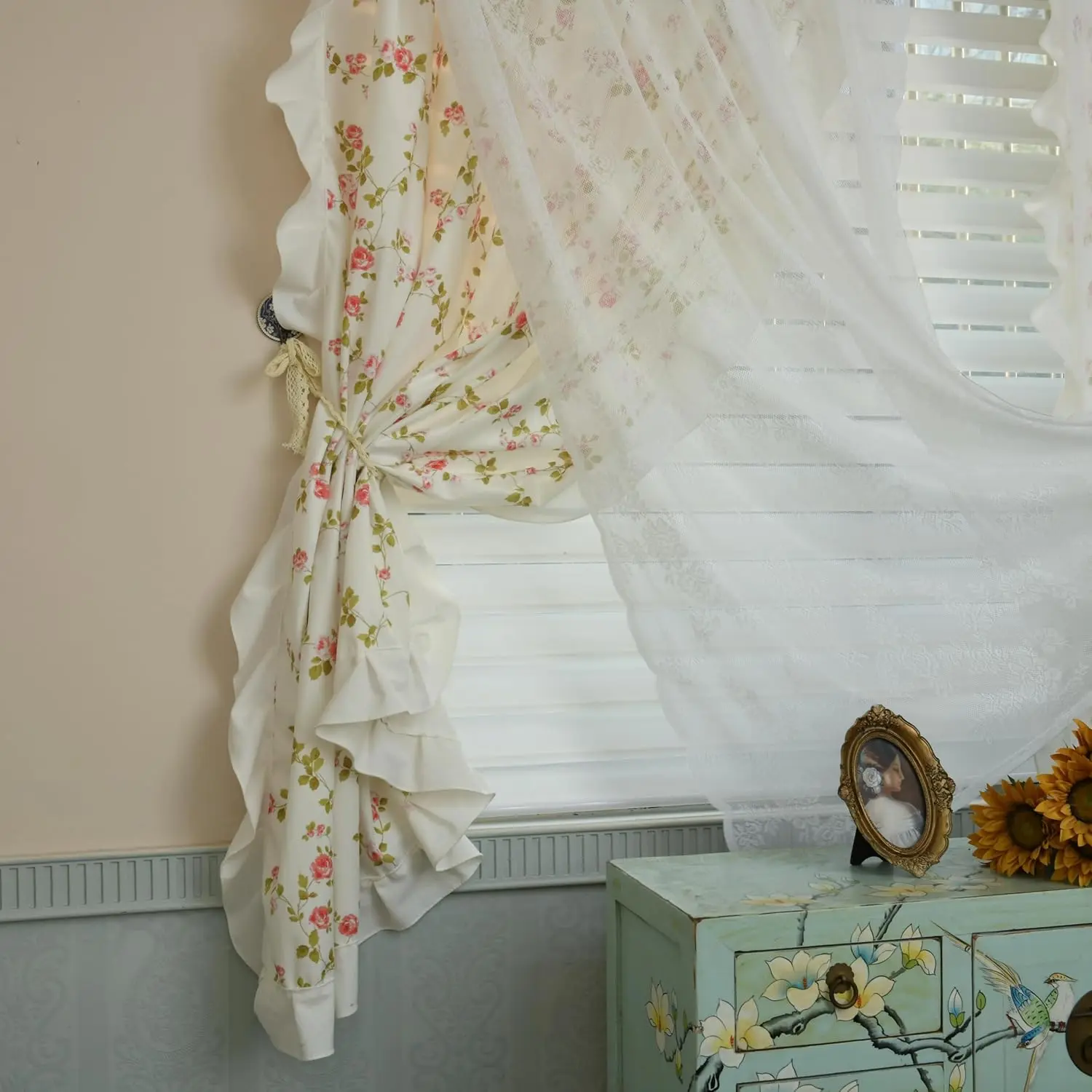 Double Layer Ruffle Curtains for Bedroom Girls Room Sheer Overlay with Tiebacks Cute    Country Pastoral Floral 2 Panels (61" W x 86" L (Pack of 2))
