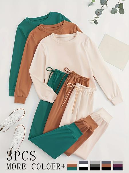 Women's Homecoming Set, 3-Piece Long Sleeve Round Neck Top & Ankle-Length Pants, Soft Fabric, Casual Comfortable Daily Wear