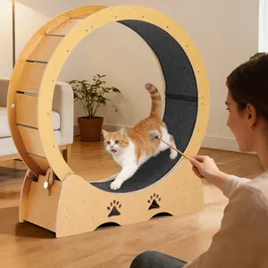 Large Wooden Cat Exercise Wheel with Removable Carpet Track, Ultra Quiet Indoor Cat Treadmill for Running and Training, 110 lbs Capacity, Natural Wood Black
