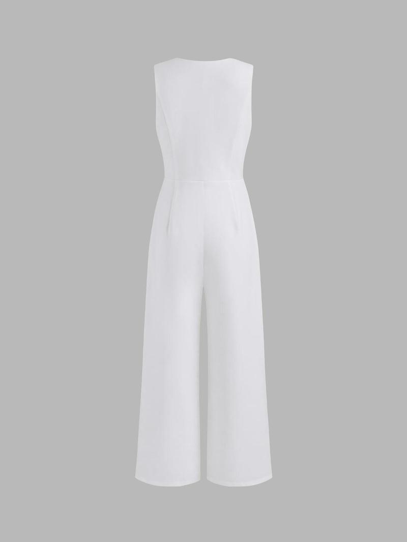 Women's Solid Button Jumpsuit, Elegant Fashion Casual V Neck Sleeveless Jumpsuit for Daily Outdoor Wear, Women Jumpsuits for Summer