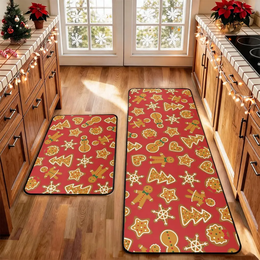 2 Pcs Christmas Kitchen Rug Mat Gnomes Gingerbread Tree Santa Clause Snowflake Red Black Floor Mat Set Farmhouse Kitchen Rug Non Slip Restaurant Floor Dining Room Laundry Room Decor Carpet Mat Winter Decor Home Decor Rug