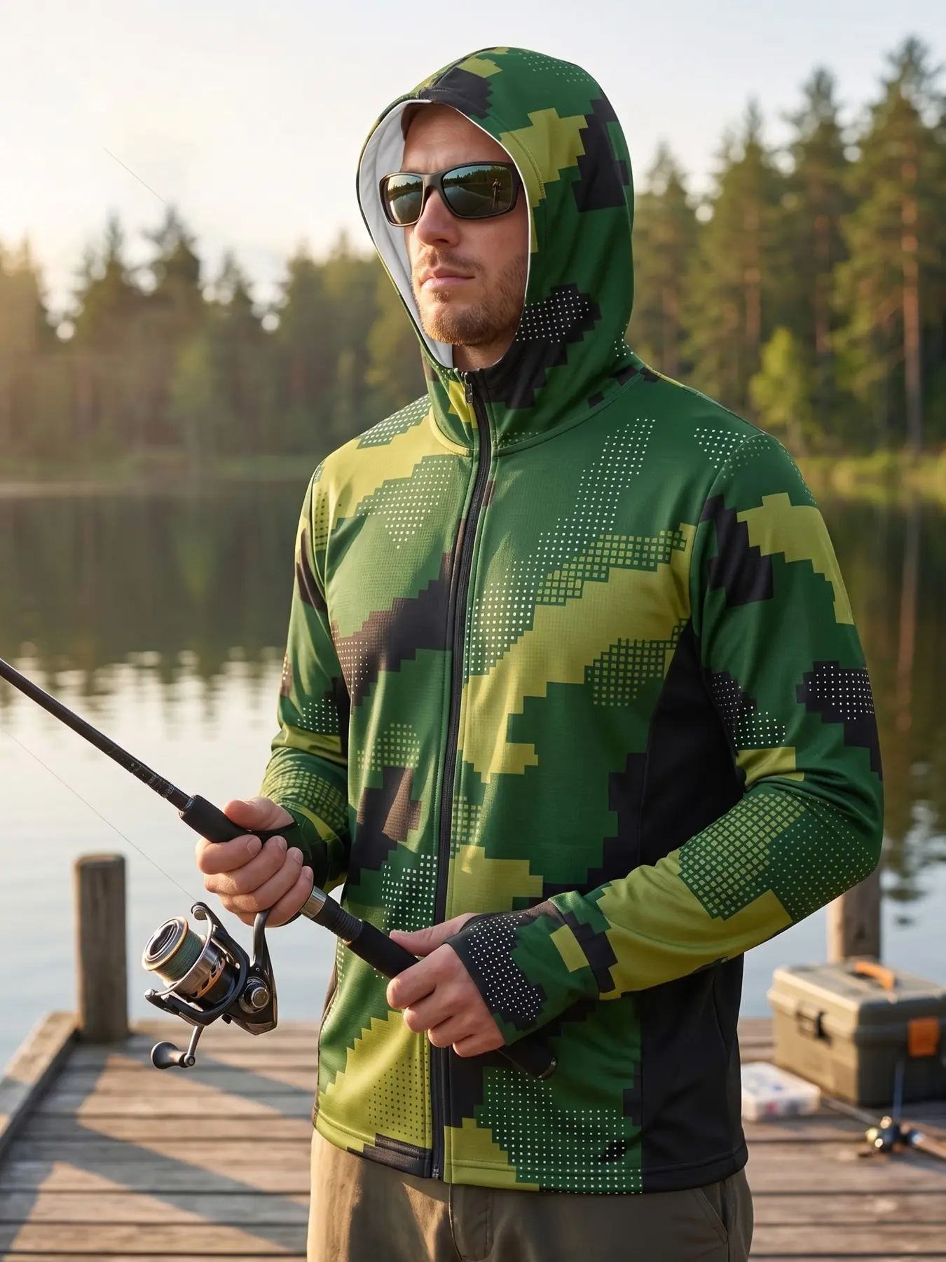 2026 Dark Pixel Grid Digital Jungle Camo Jacket, UV Protection, Quick-Dry, Breathable, Long Sleeve, Outdoor Fishing Gear