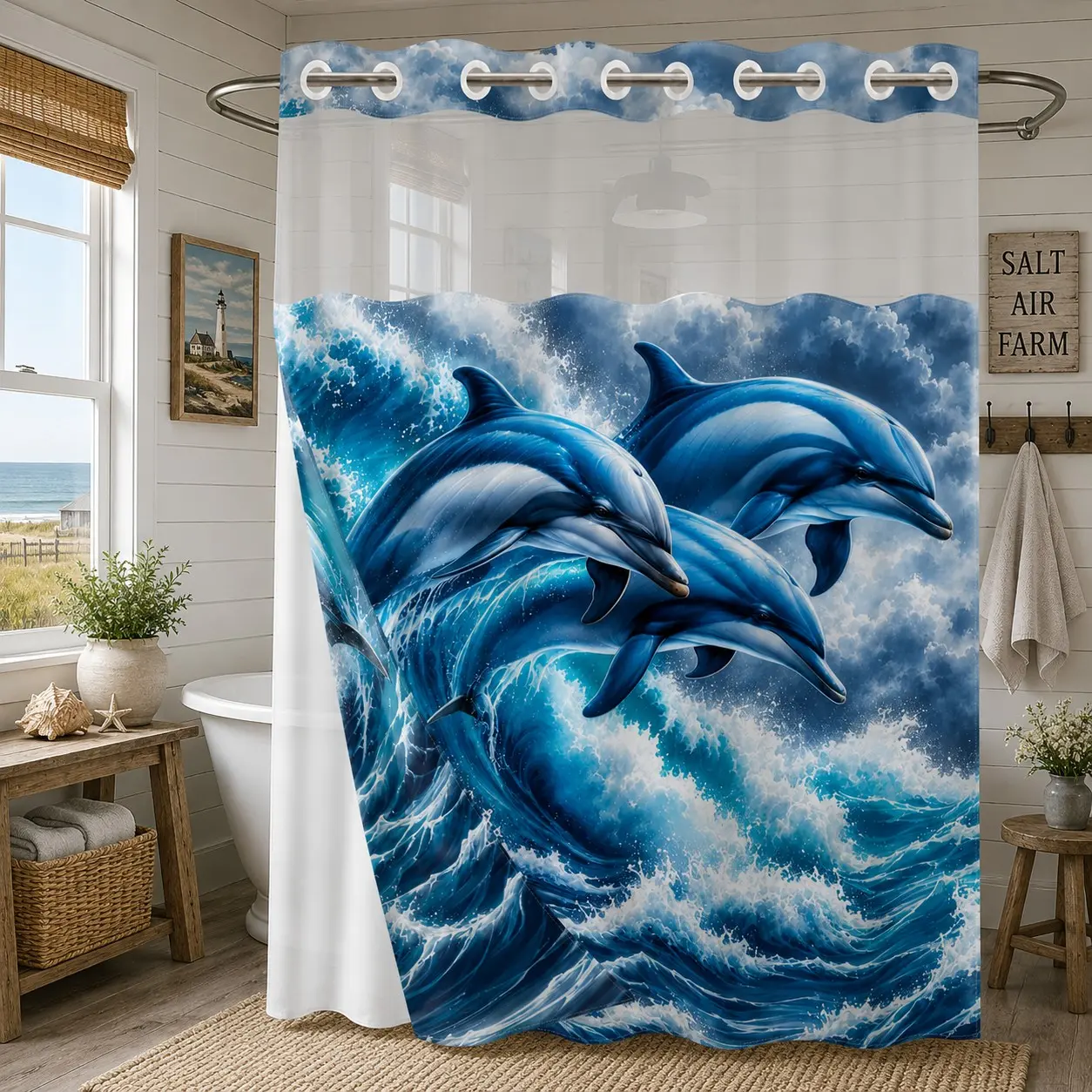 1Pc Hookless Double Layer Shower Curtain Set, Dolphin & Ocean Wave Print, Snap-In Waterproof Mildew-Resistant Liner, Fabric Outer Curtain with Sheer Viewing Window, 71×74 Inch, Machine Washable, for Home, Apartment and Hotel Bathrooms