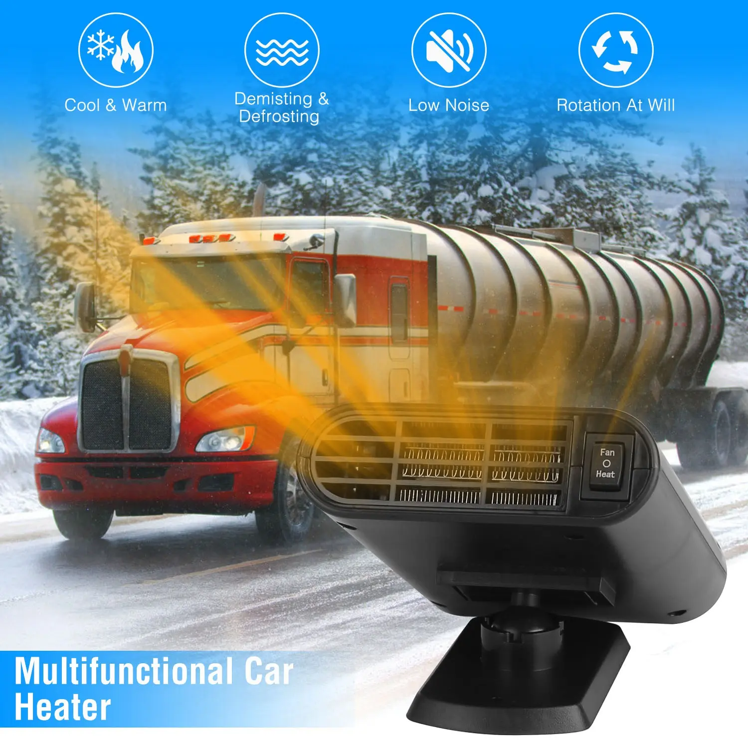 24V Car Heater Defroster for Truck Driving, Compact ABS Defogger with Heat/Fan Mode & Car Adapter, Peel and Stick Mount for Dashboards, 1 X Double-Side Adhesive, 140Cm Power Cable, Truck/Van/Bus