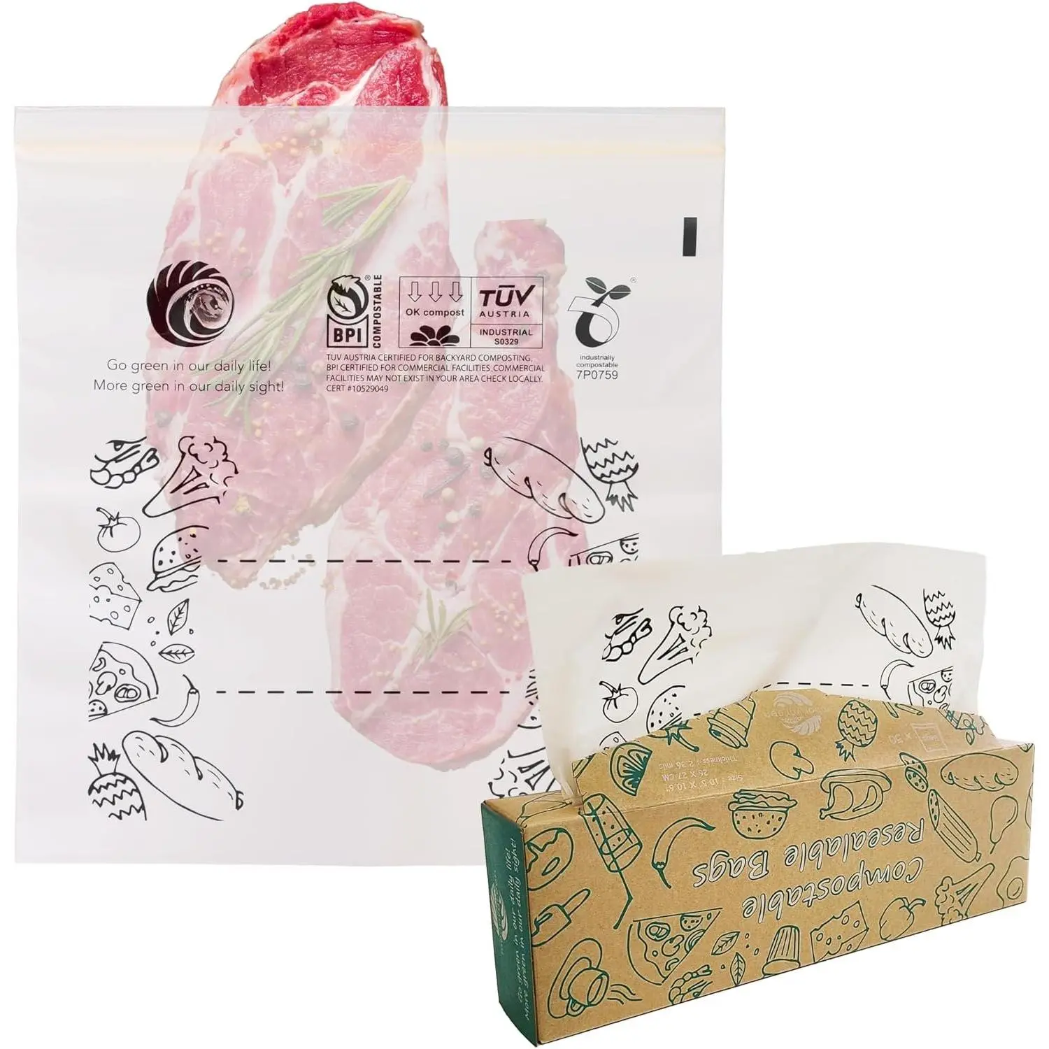 Compostable  Storage Bags, Large Gallon Resealable Freezer Bags, 50 Count, 10.5 x 10.6 inches,  & , Certified  BPI ASTM D6400  OK Compost
