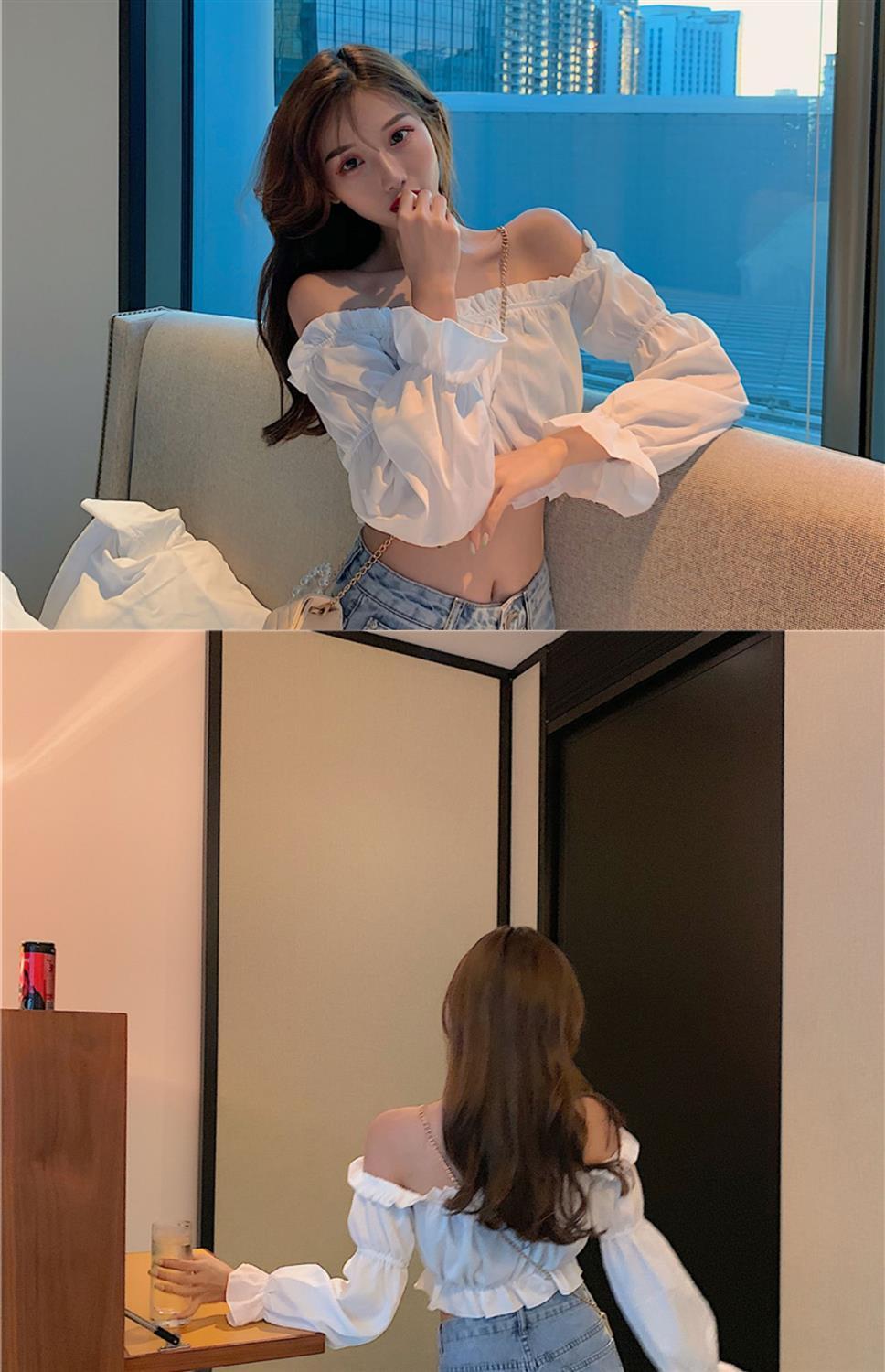 Women Top Sexy Blouse Off Shoulder Top Long Sleeve Club Party White Shirt Puff Sleeve Ruffle Crop Top Summer Tube Top