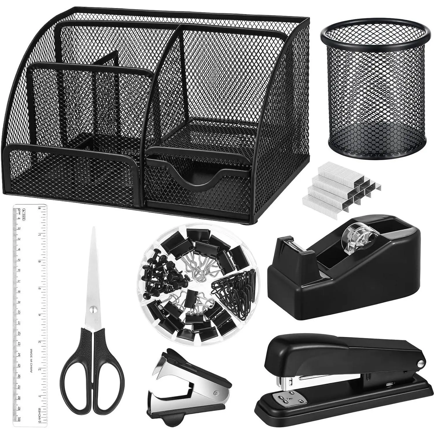 Black Desk Organizer and Accessories Office Supply Kit Including Mesh Desktop Organizer, Stapler, 1000 Staples, Tape Dispenser, Pen Holder, Staple Remover, Clips, Ruler, ScissorsGift