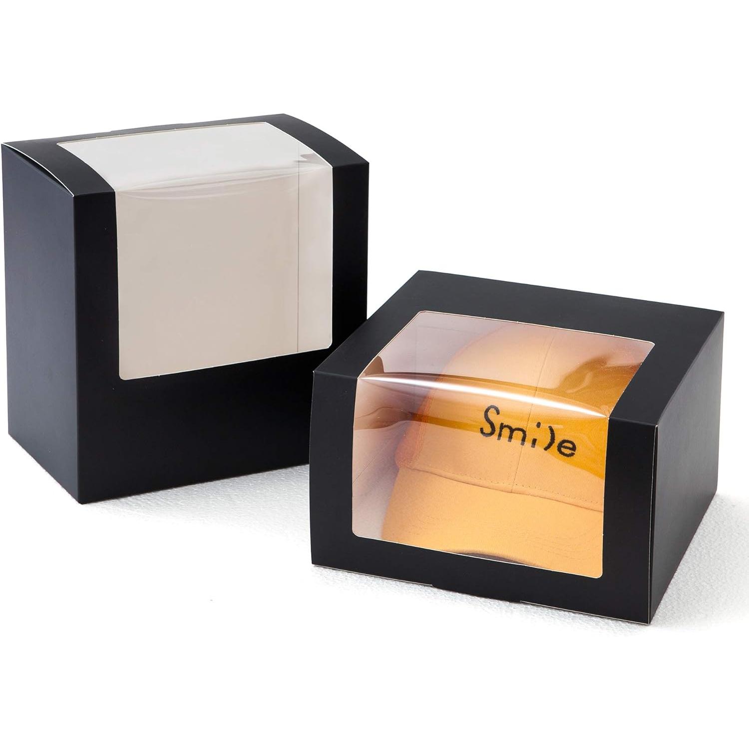 Black  Boxes with Window Display for Hat Storage Containter for Baseball Caps (Fitted, Snapbacks, Trucker) 7.8" x 7.8" x 4.8", 10 Pack