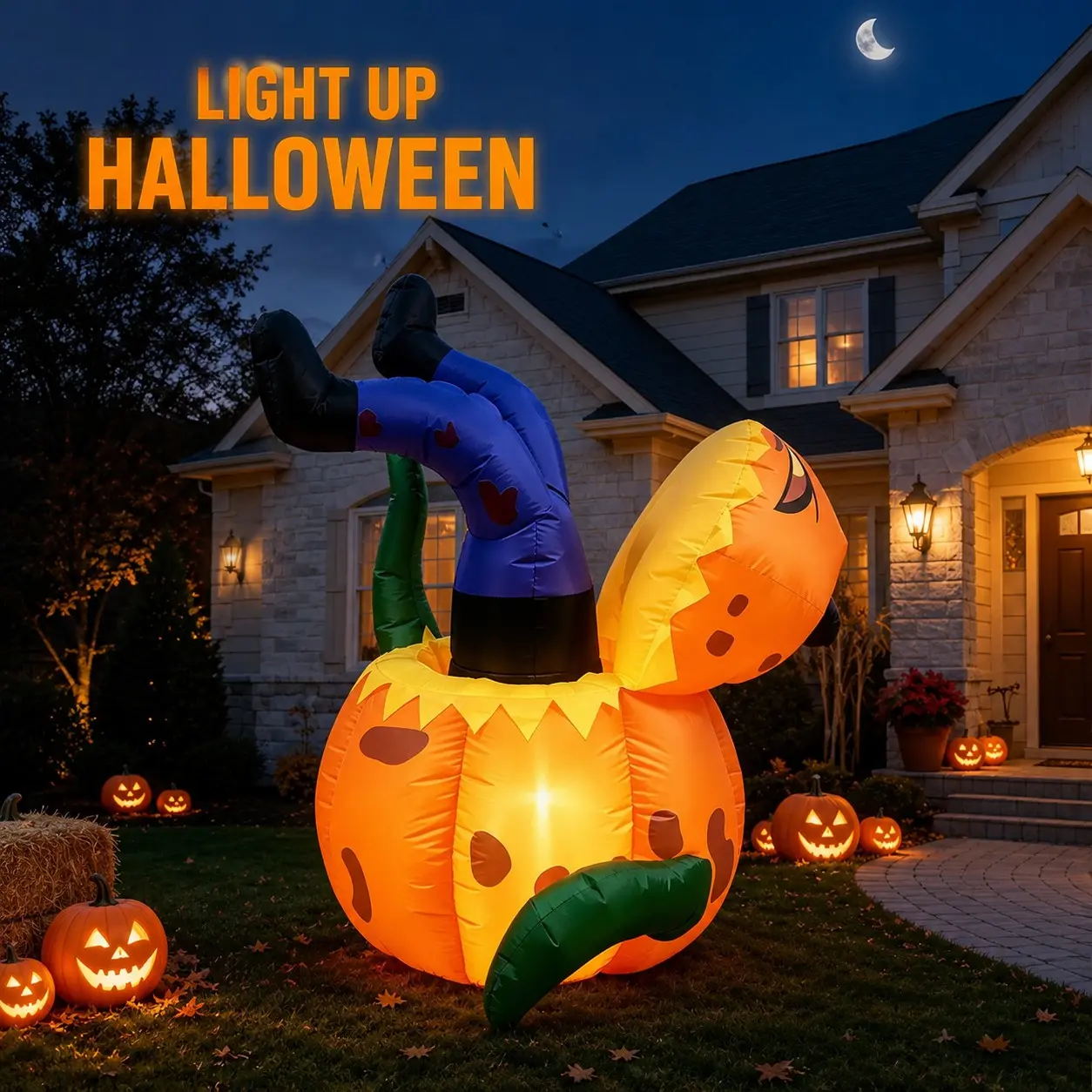 Halloween Inflatable Scarecrow Pumpkin Bucket, LED Lighted Outdoor Party Decor, Large Yard Decoration Set with Fan, Stakes, and Rope