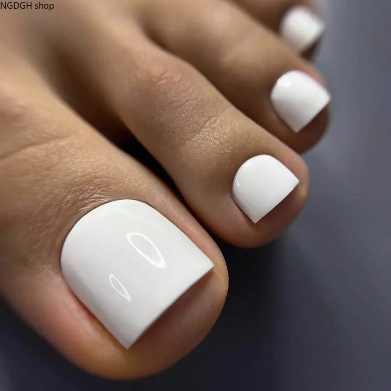 White Toe Nails - Press On Square Fake Toe Nails, Solid Color Pedicure Nail Art for Women Girls Summer Daily