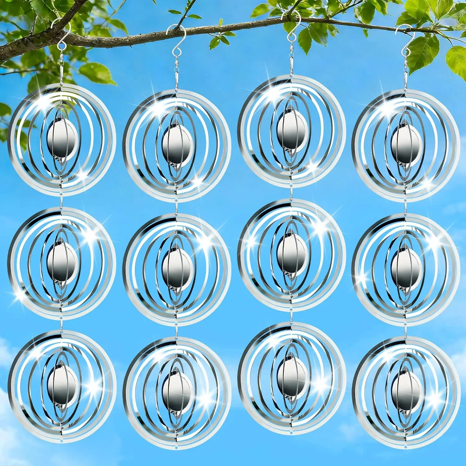 12 PCS Bird Deterrents for Outside Stainless Steel Wind Spinners 3D High Reflective Mirror Bird Reflectors to Keep Woodpeckers Swallows Sparrow Away from Garden Yard Porch Orchard