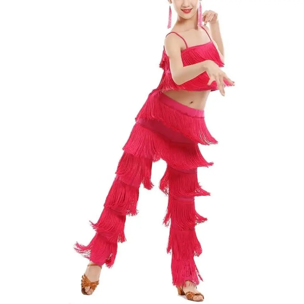 Girls 2 Piece Latin Ballroom Dance Outfits Set Tassel Camisole Fringe Pants Modern Salsa Dancewear