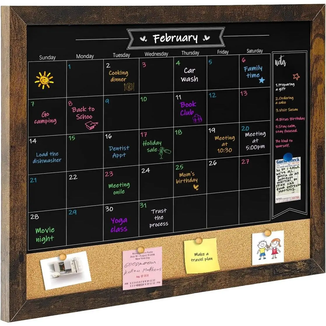 Chalkboard Calendar Corkboard, Small Combination Chalk Board Bulletin Board, 13" x 17",Walnut Brown Framed Blackboard Calendar Cork Combo Board(ZHHB-BN-3343)