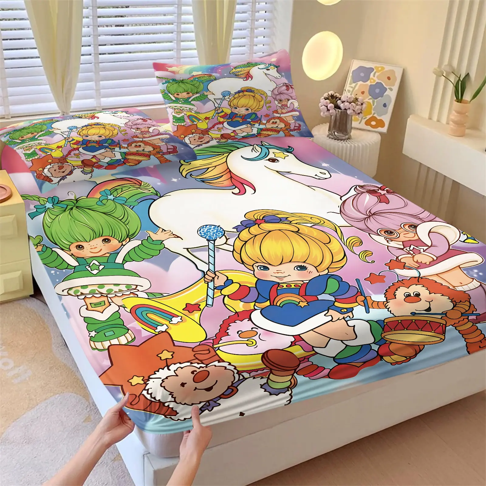 Pastel Gradient Rainbow Cartoon Character Fitted Sheet Set, Include 1 Bedspread and 2 Pillowcases, Magical White Unicorn & Lovely Little Girls Fluffy Friends Printed Mattress Cover, Girl Room Aesthetic Decor Bedding