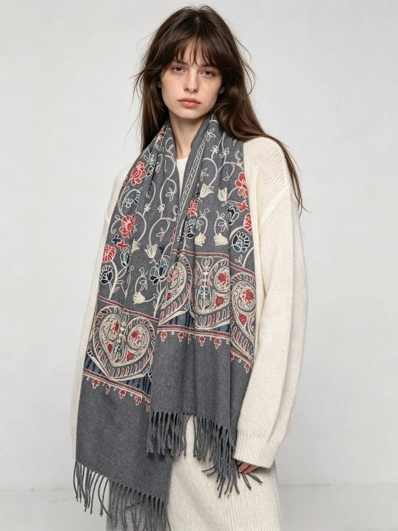 Vintage Floral Embroidered Fringe Scarf, Thickened Faux Cashmere Warm Shawl, Long Multicolor Flower Scarf for Fall Winter, Perfect Gift