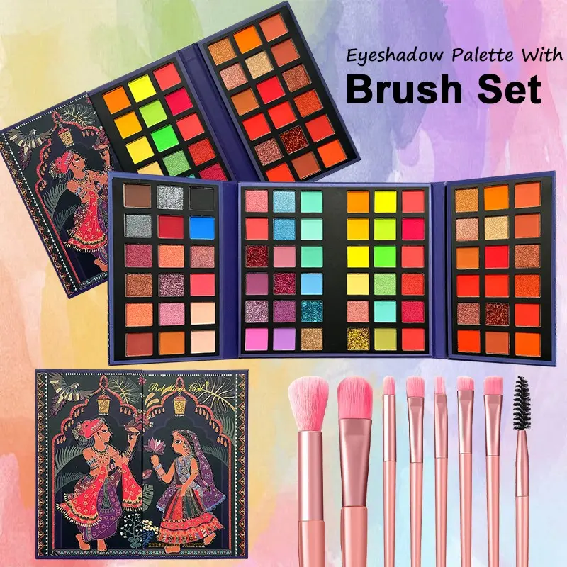 Rebellious Girl 72 Color Cosmetic Eyeshadow Palette with 8 Brushes, Matte, Shimmer, Glitter, Perfect for Daily, Party, Holiday Makeup