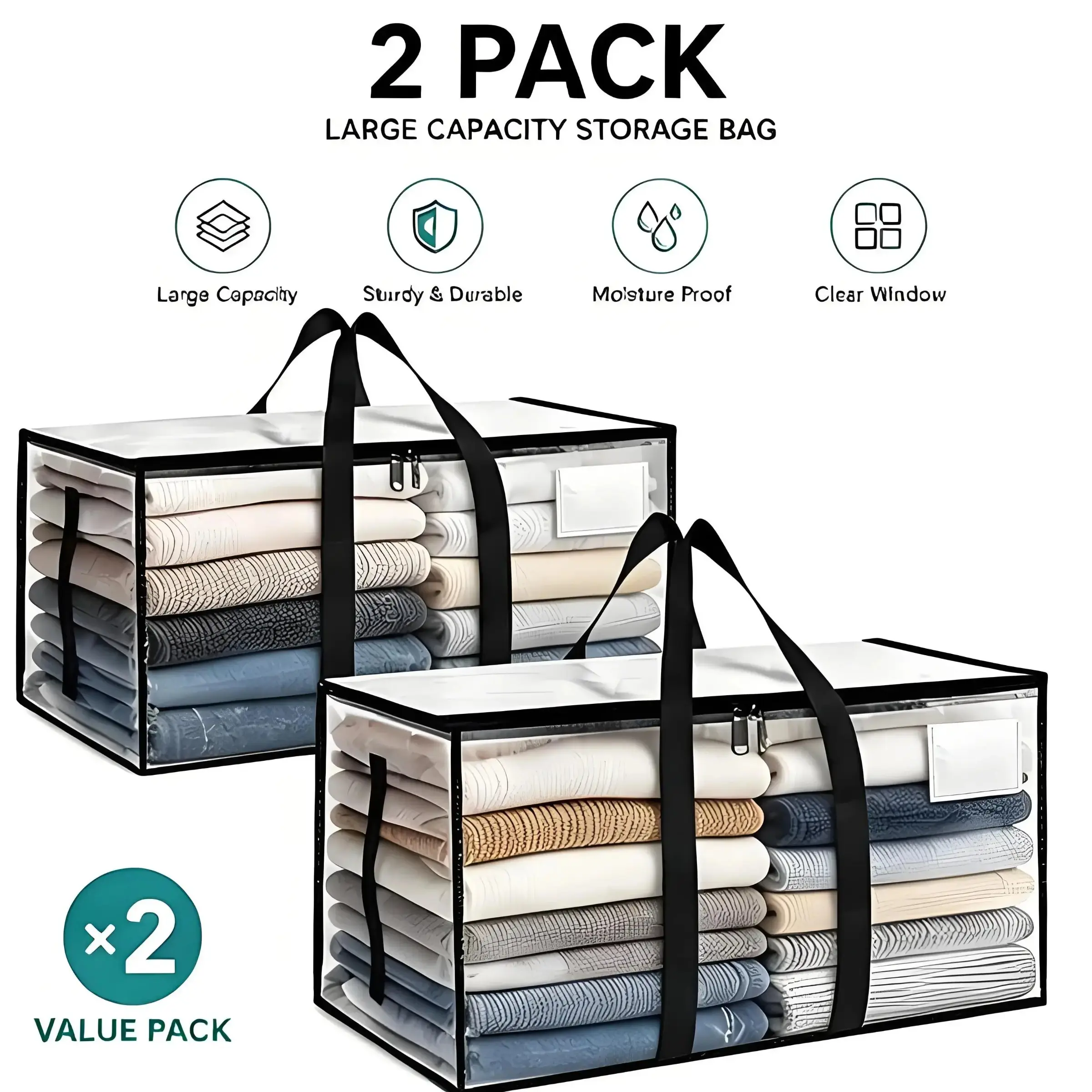 Clear Extra Large Moving Bags, Heavy-Duty Waterproof Storage Tote Bag with Reinforced Handles & Zippers, Transparent Organizer for Clothes, Bedding, Dorm, Moving (Clear - 88L)