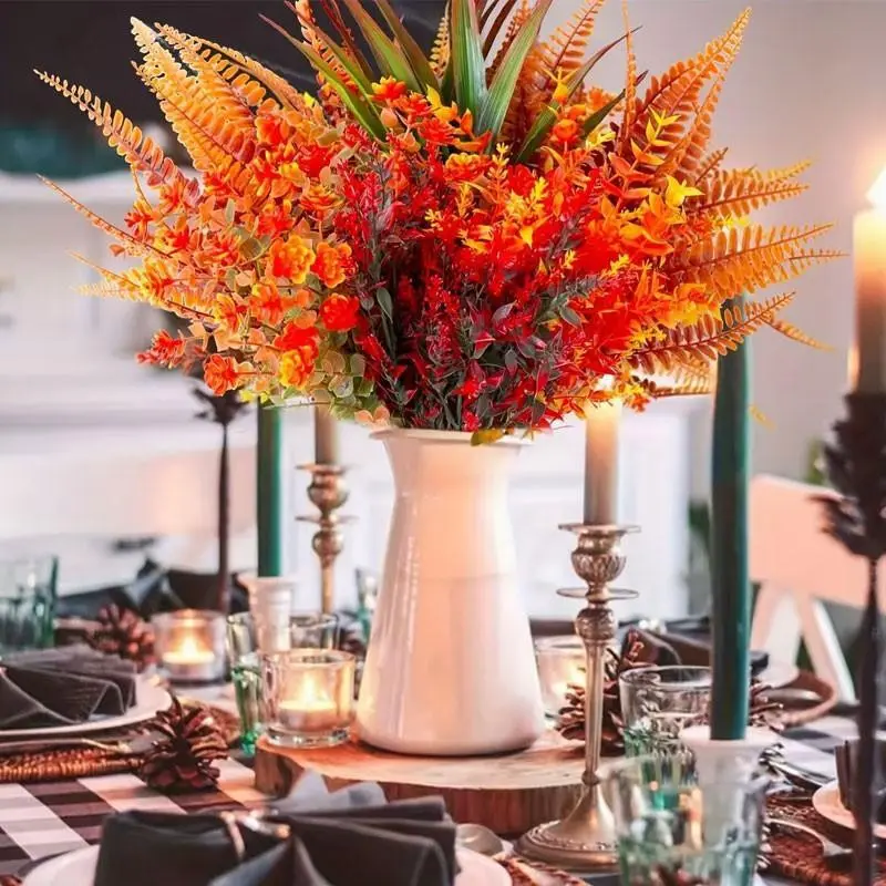 9 bundles of autumn-themed artificial decorative flowers, made of UV-resistant plastic artificial flowers. They can be used for indoor and outdoor scene arrangements, suitable for Thanksgiving, Halloween garden windowsills and home space atmosphere decora