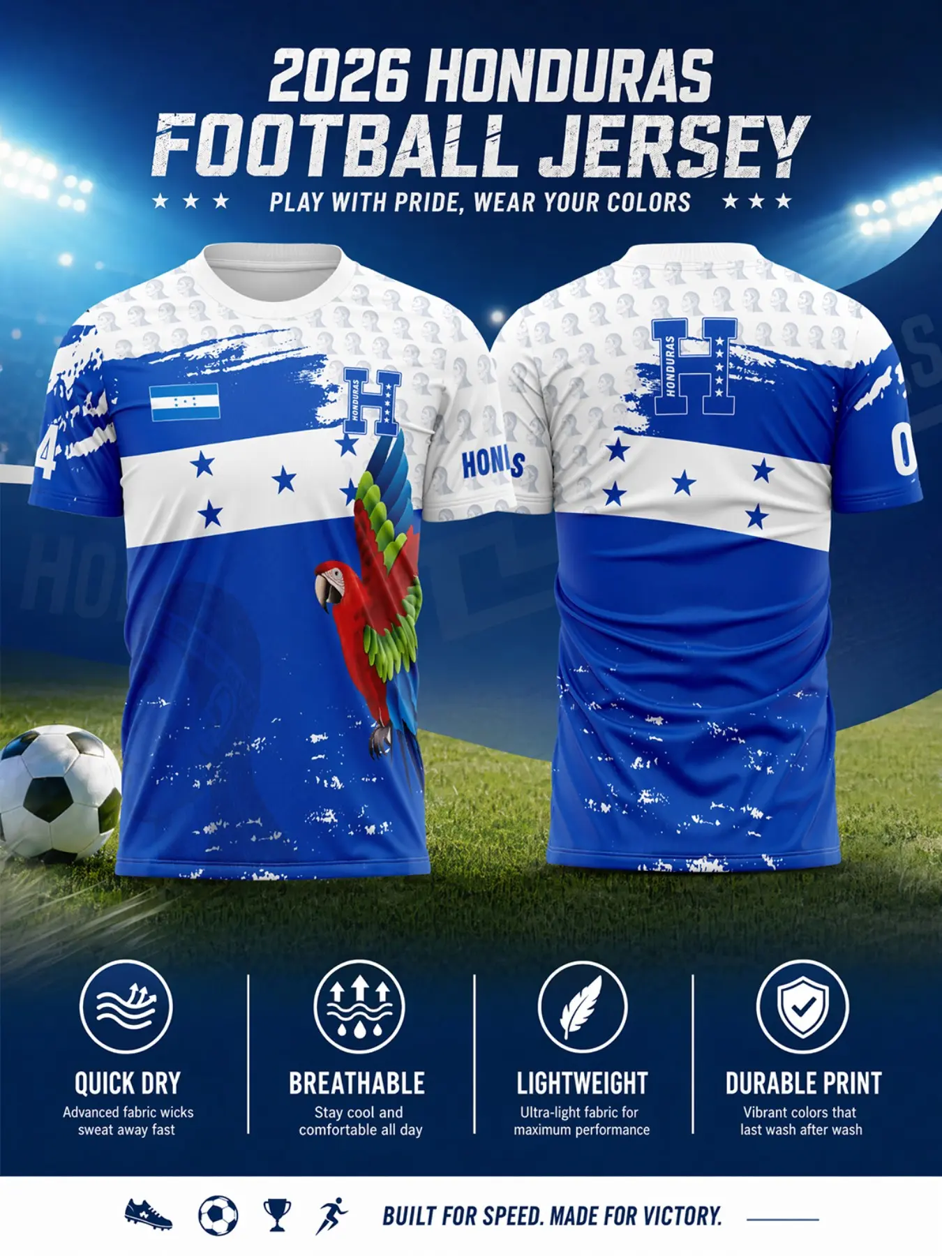 Blue Parrot Pattern Soccer Training Jersey, Lightweight Quick-Dry Sportswear, Breathable Mesh Fabric, Retro Star Print, Fitted Short Sleeve