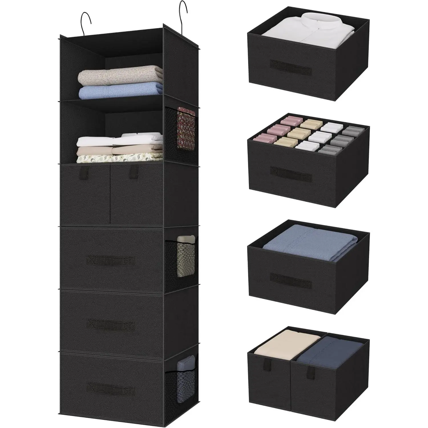 6-Shelf  Closet Organizer with 5 Drawers, Non-Woven Storage, Black | Spacious compartments sort clothes & undergarments; foldable drawers add  storage for closets, wardrobes or RVs.