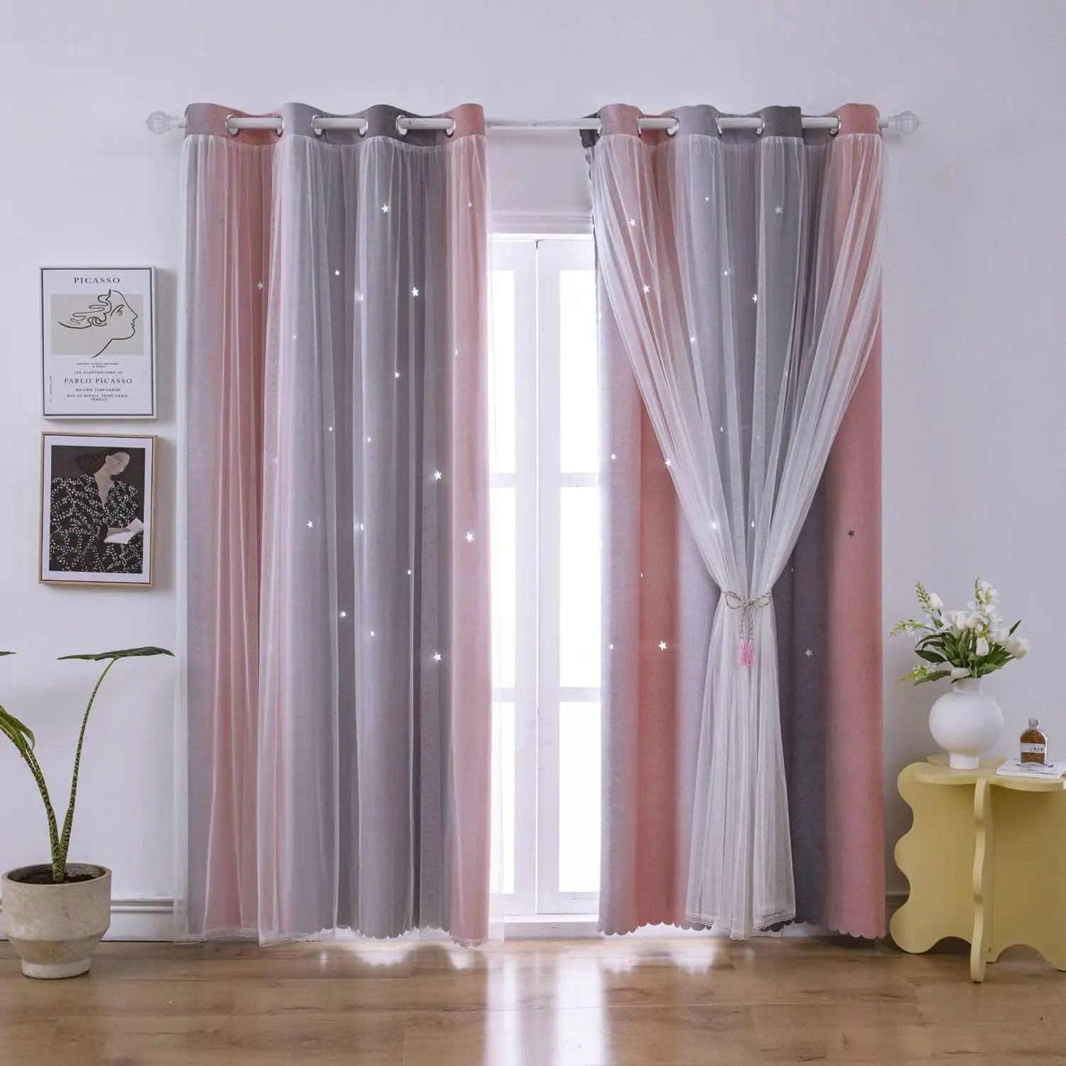 Ombre Rainbow Blackout Curtains for Kid Girls Bedroom Living Room Darking Stripe Layer Star Cut Out Wall Home Decor Gradient Grommet Window Curtains Pink Grey 52W x 84L