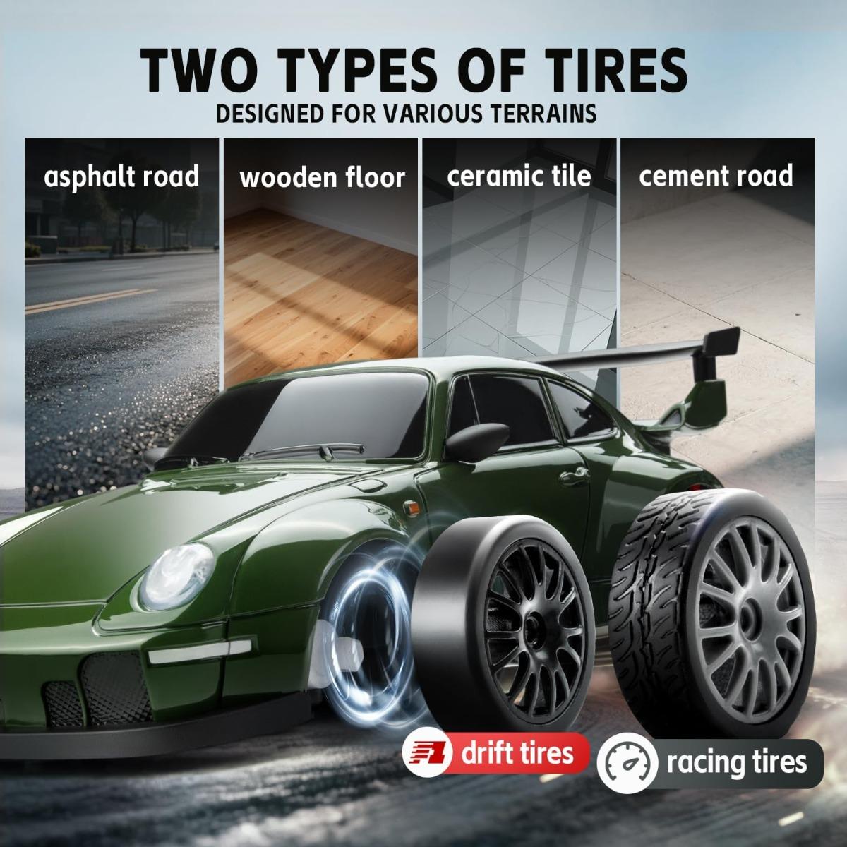 RC drift car, 1:24 proportional four-wheel drive remote control car, with LED lights, 2.4GHz proportional control, including drift tires, RC drift car gifts, family parties, suitable for boys and girls' birthdays and Easter gifts. Ideal Gift for Boys