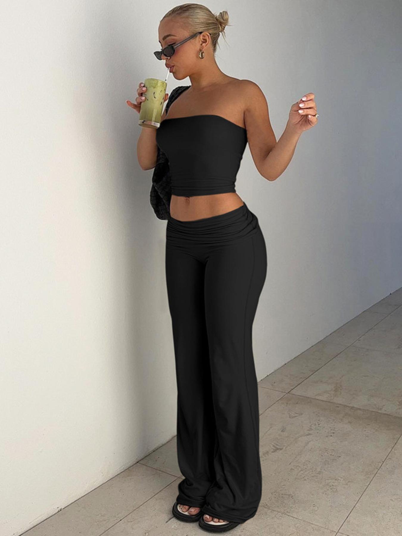 Ocean Style 2026    Two-Piece Set Women's Solid Crop Tube Top & Foldover Waist Flare Leg Pants, Casual Fashion Cozy Outfits for Daily Outdoor Wear, Ladies Clothes for Summer